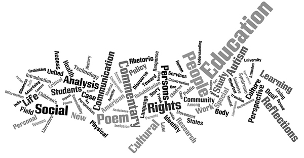 This is a Wordle created from the titles of articles in DSQ from 2000-2012; however, the term <em>disability</em> and its variations, as well as the term <em>studies</em>, have been removed.  It demonstrates the significance of certain terms—such as <em>communication</em>, <em>social</em>, <em>poem</em>, and <em>commentary</em>—as they appeared in weight and frequency during this period.