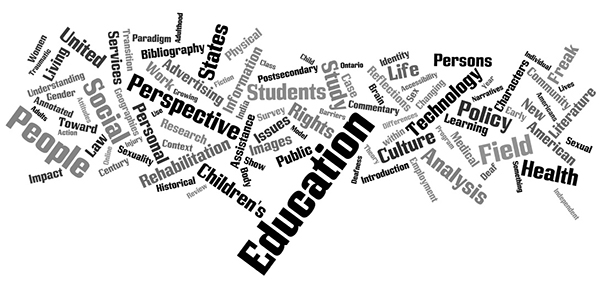 This is a Wordle created from the titles of articles in DSQ from 2000-2005; however, the term <em>disability</em> and its variations, as well as the term <em>studies</em>, have been removed.  It demonstrates the significance of certain terms—such <em>education</em>, <em>social</em>, <em>children's</em>, and <em>technology</em>—as they appeared in weight and frequency during this period.