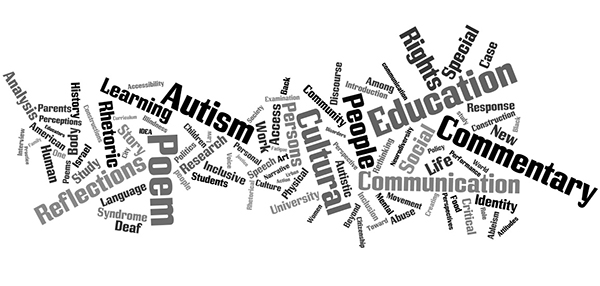 This is a Wordle created from the titles of articles in <em>DSQ</em>  from 2006-2012; however, the term <em>disability</em> and its variations, as well as the term <em>studies</em>, have been removed.  It demonstrates the significance of certain terms—such as <em>education</em>, <em>commentary</em>, <em>autism</em>, and <em>poem</em>—as they appeared in weight and frequency during this period.