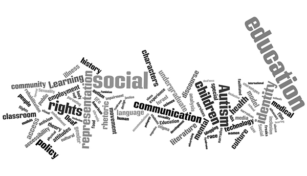This is a Wordle created from the keywords of articles in DSQ from 2000-2012; however, the term <em>disability</em> and its variations, as well as the term <em>studies</em>, have been removed.  It demonstrates the significance of certain terms—such as <em>social</em>, <em>rights</em>, <em>policy</em>, and <em>education</em>—as they appeared in weight and frequency during this period.