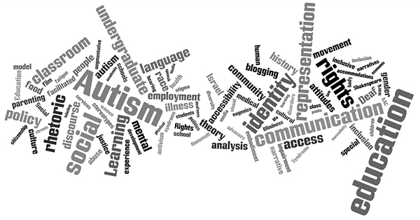 This is a Wordle created from the keywords of articles in DSQ from 2006-2012; however, the term <em>disability</em> and its variations, as well as the term <em>studies</em>, have been removed. It demonstrates the significance of certain terms—such <em>classroom</em>, <em>rhetoric</em>, <em>access</em>, and <em>history</em>—as they appeared in weight and frequency during this period.