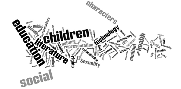 This is a Wordle created from the keywords of articles in DSQ from 2000-2005; however, the term <em>disability</em> and its variations, as well as the term <em>studies</em>, have been removed.  It demonstrates the significance of certain terms—such as <em>health</em>, <em>medical</em>, <em>freaks</em>, and <em>sexuality</em>—as they appeared in weight and frequency during this period.