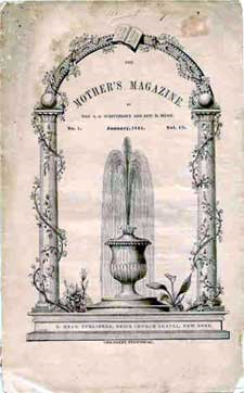 Periodical cover of Mother's Magazine showing an arch standing above a fountain, with the words 'Mother's Magazine' over the fountain