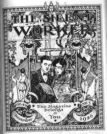 Periodical cover for The Silent Worker from December 1926 highlighting an illustration of a man and woman looking at a publication with a border composed of images with ancient Greek/Roman and Egyptian themes