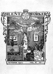 Periodical cover for The Silent Worker showing an illustration of a woman in a sitting room with the word 'Blessing' on a banner above her