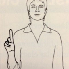 Illustration showing a man holding his hand at chest height with the index finger extended and the other fingers closed