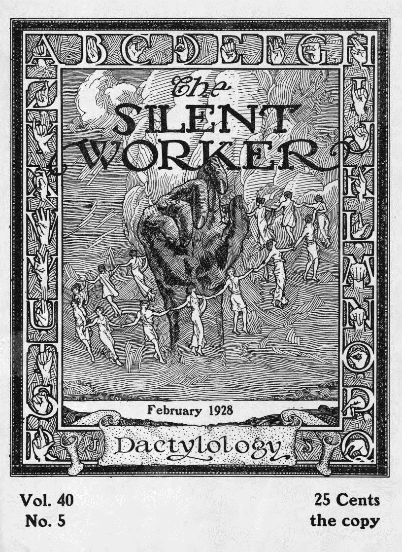 Image showing a large, upraised hand with a ring of women dancing around it, with the words 'The Silent Worker' above the hand and the sign language alphabet as the image border