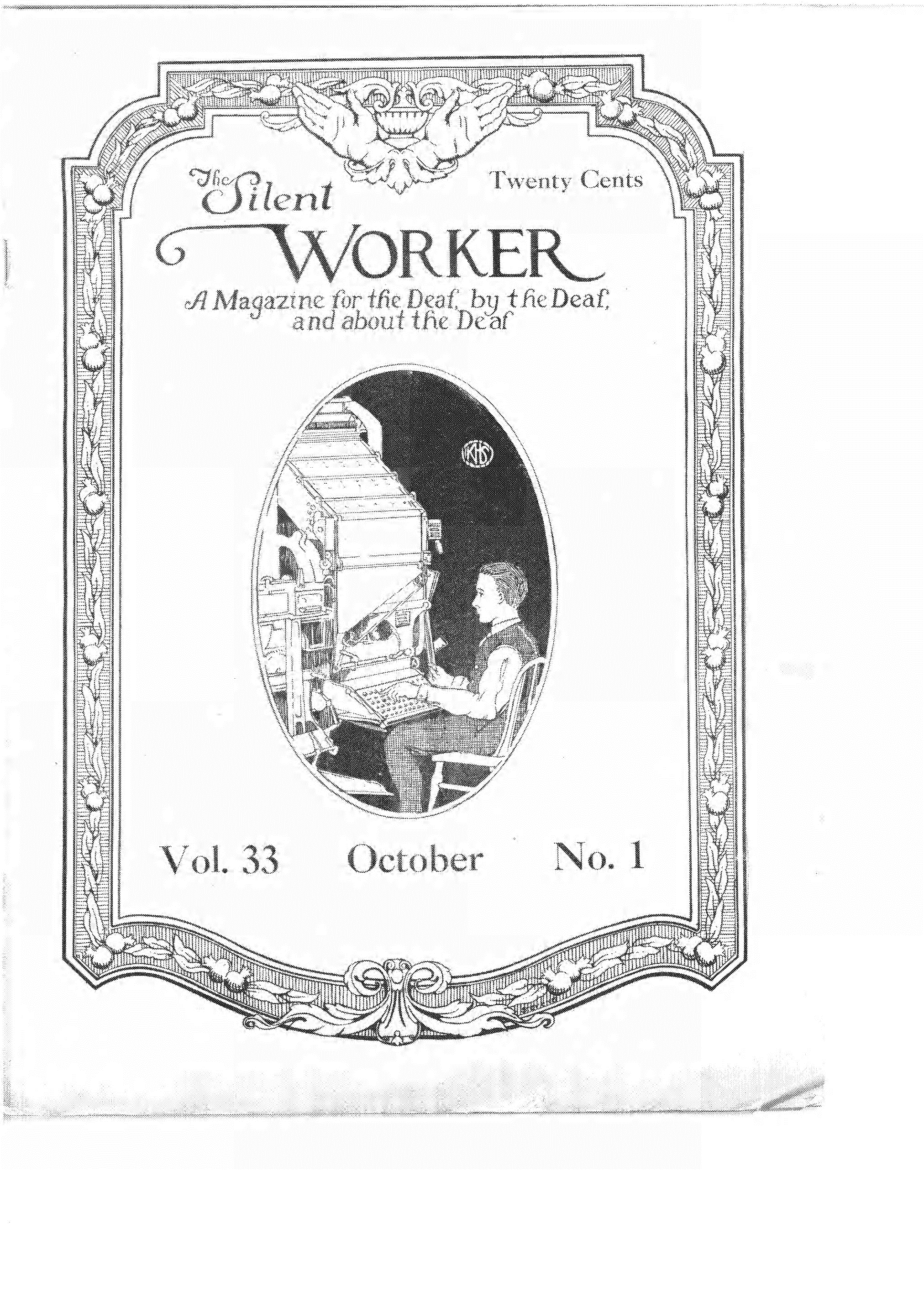Periodical cover for the Silent Worker, showing a man sitting working on typesetting machinery, surrounded by issue information and an ornate border