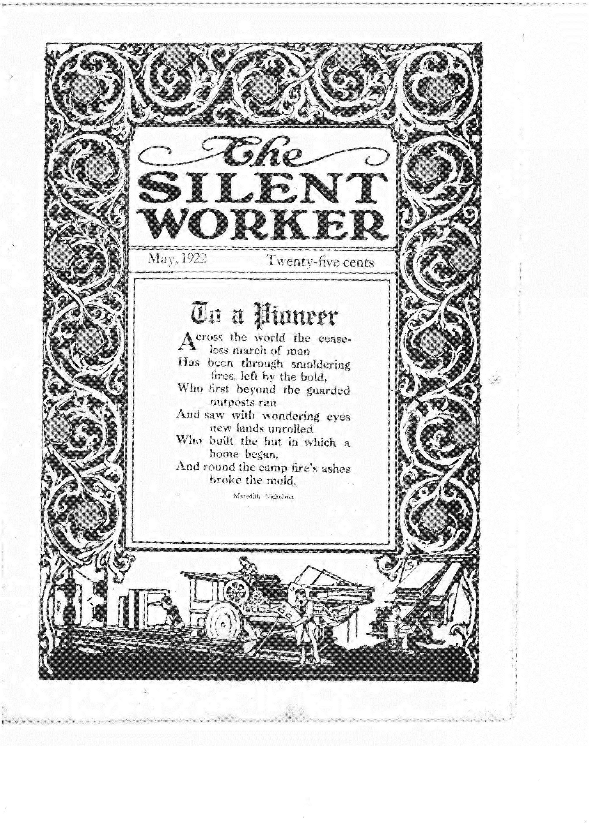 Peridical cover of The Silent Worker, containing a poem by Meredith Nicholson surrounded by a vine-patterned border and an image of men working on typesetting machinery