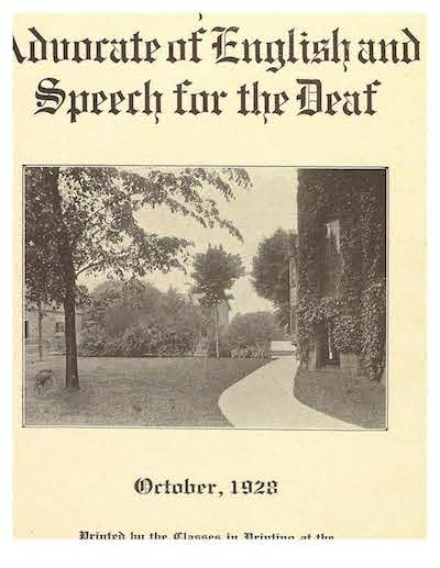Periodical cover for the Advocate of English and Speech for the Deaf, showing a photograph of a path winding through a manicured lawn