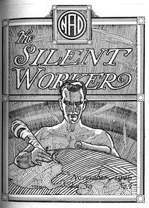 Periodical cover for The Silent Worker from November 1927 containing an illustration of a man using a quill pen to create an illustration of North America and the acronym 'NAD' stylized above the periodical title
