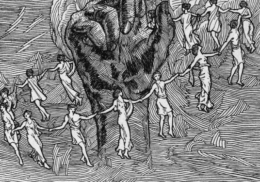 Illustration showing a figures dancing in a circle around the wrist of a large hand
