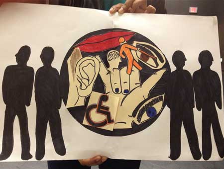 Artwork: AB silhouettes turning away from a circle of disability icons.