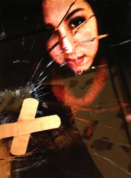 Bandage the Damage artwork shows bandage covering layer of shattered glass pane atop a photo of a mentally disabled person.