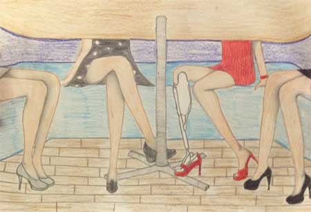 Artwork: Under table view of four women's legs, one with a prosthetic.