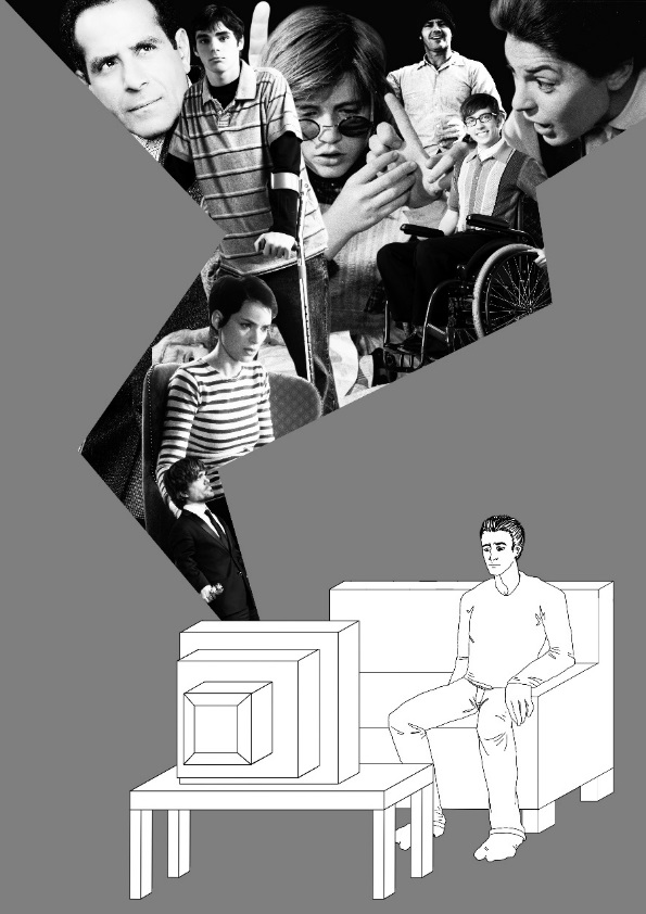 Digital print of television radiating shows with disabled characters, and TV watcher.
