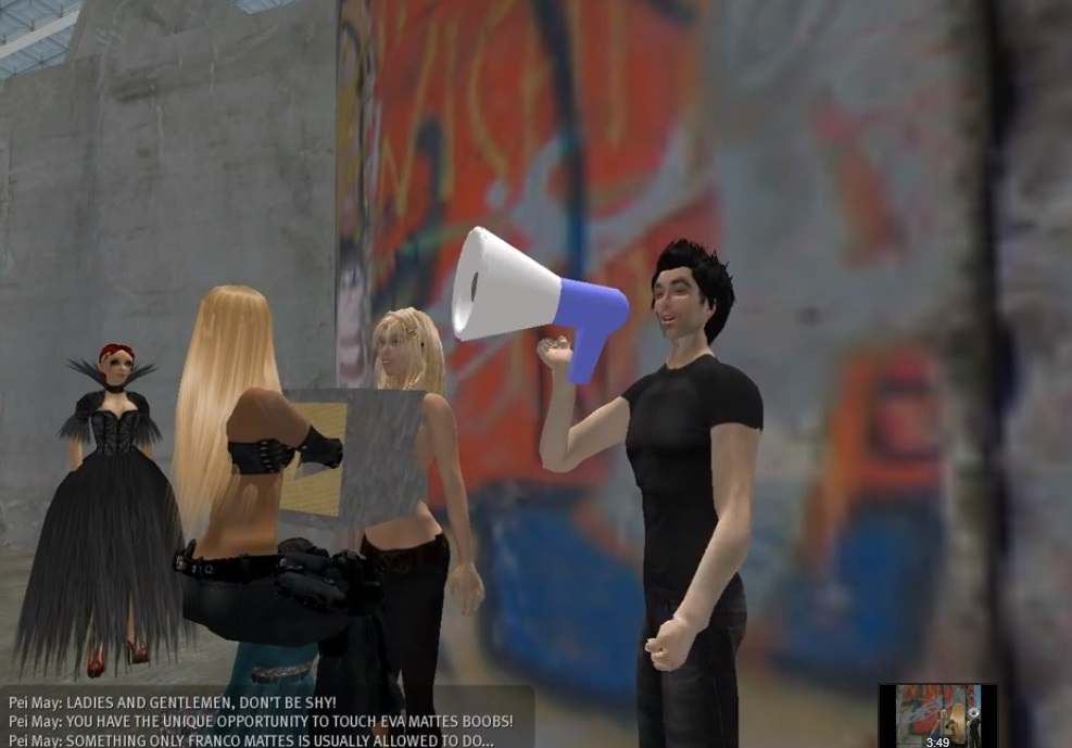 Screen capture showing the avatars of Eva and Franco Mattes within Second Life, interacting with two anonymous avatars