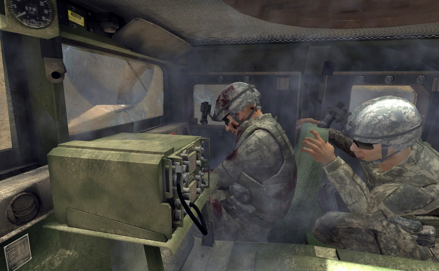 Screen shot from the video game Bravemind, showing two soldiers in the interior of a Humvee, one with blood on his uniform