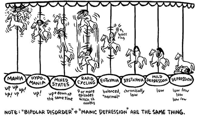 Cartoon depicting bipolar disorder as a carousel. Caption says: 'Note: Bipolar disorder and manic depression are the same thing.'