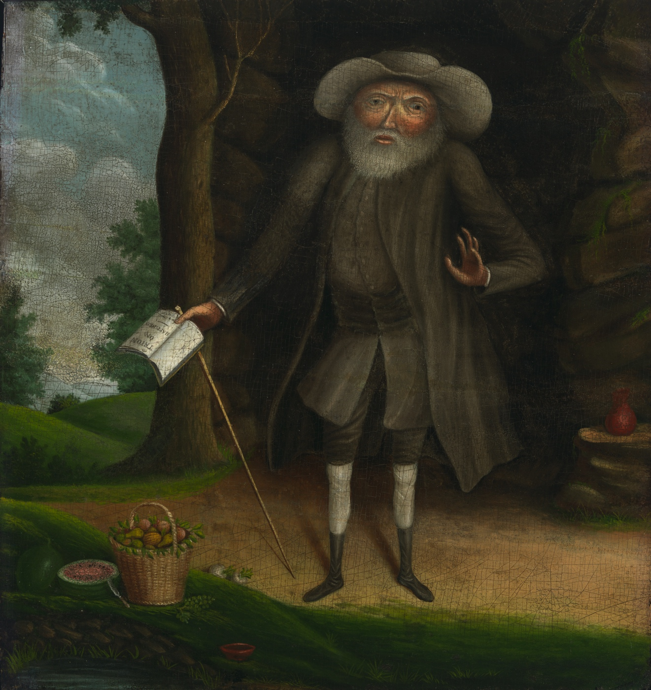 Image of a painting showing an older man with a white beard standing outside with a cane and book in his right hand