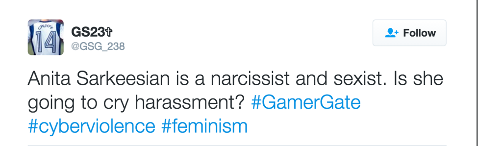 @GSG_238: Anita Sarkeesian is a narcissist and sexist. Is she going to cry harassment? #GamerGate #cyberviolence #feminism
