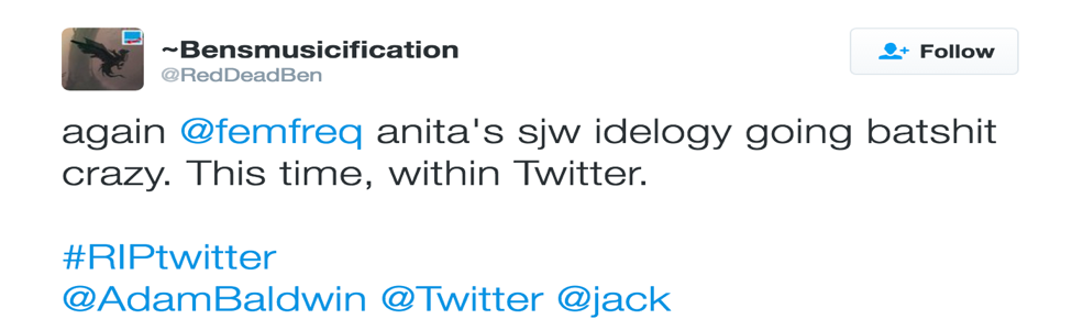 @RedDeadBen: again @femfreq anita's sjw idelogy going batshit crazy. This time, within Twitter. #RIPtwitter @AdamBaldwin @Twitter @jack