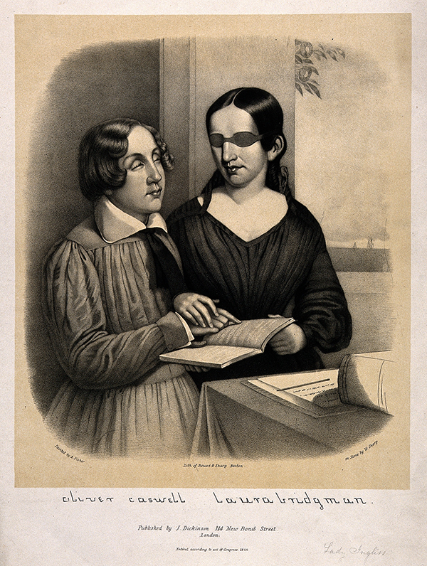 W. Sharp, 'Portrait of Oliver Caswell and Laura Bridgman reading embossed letters from a book.' More description below.