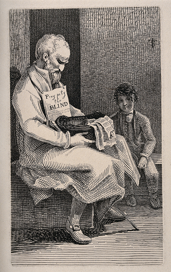 John Thomas Smith, 'A sitting blind beggar sells love sonnets to obtain money with a young boy,' 1816. More description below.