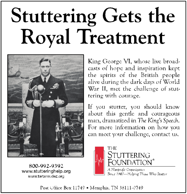 Print ad titled 'Stuttering Gets the Royal Treatment' featuring a photo of King George IV. More description below.