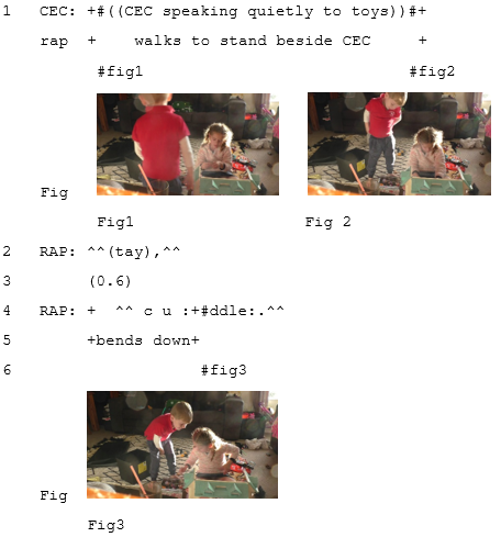 Written analysis of a cuddle with video stills of two young children.