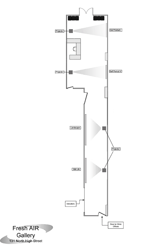 floorplan of the gallery installation showing the layout of the room and the location of the works