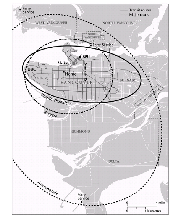 street map of vancouver british columbia with three areas of the city marked by boundaries, each boundary indicating how far the author could travel from a central location in one hour