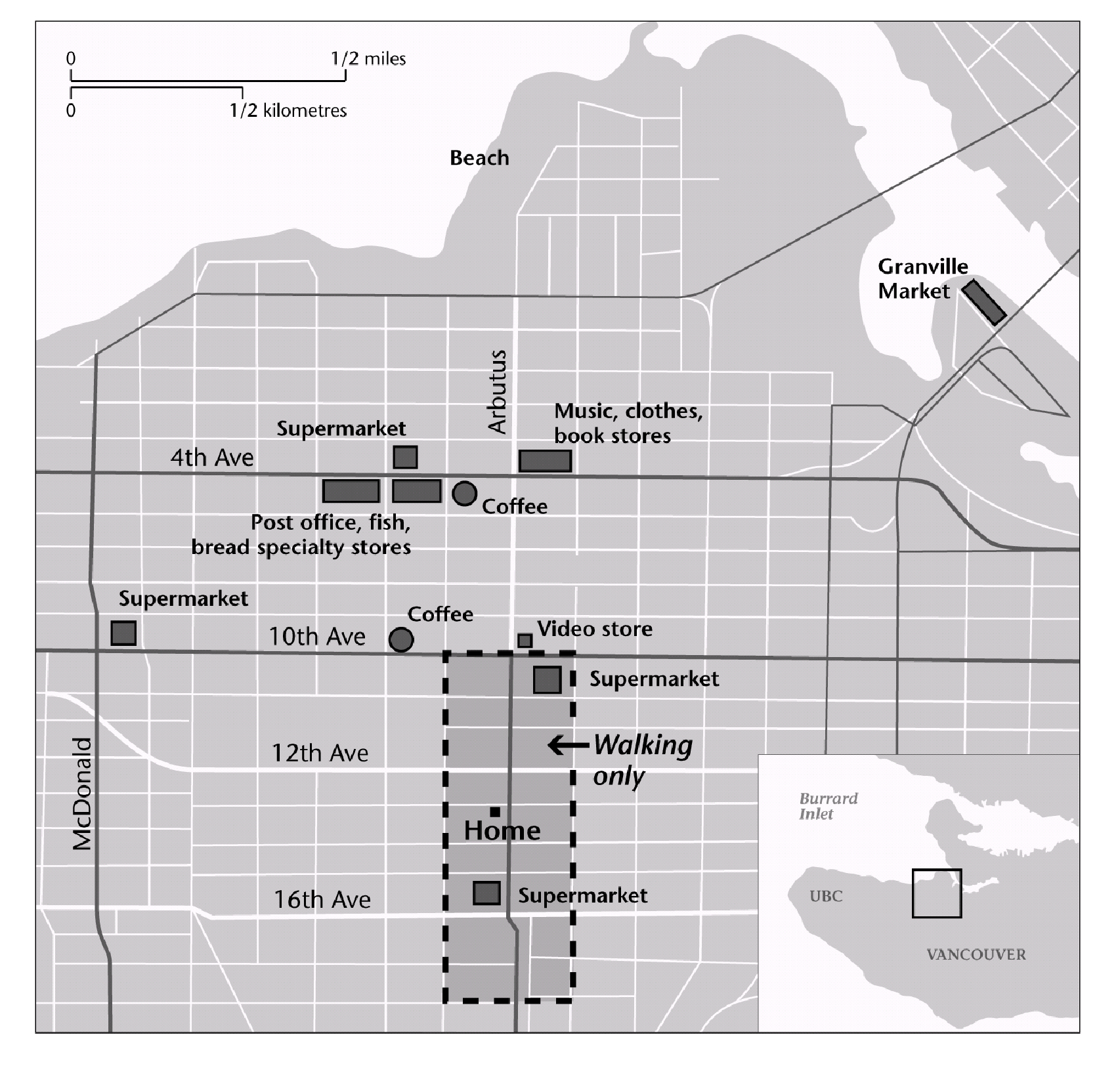 a map of vancouver indicating the areas where the author could travel before and after surgery