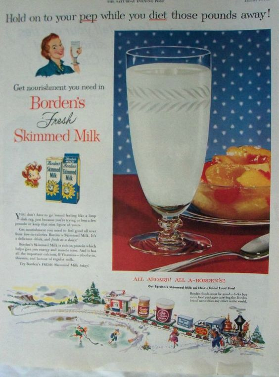 Advertisement for Borden's Fresh Skimmed Milk, including a picture of a tall glass of milk next to a piece of pie. More information below.