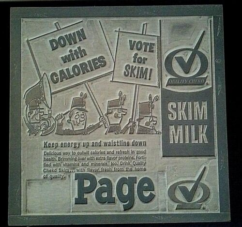 Advertisement for skim milk, featuring cartoon protestors with signs that read, "Down with Calories" and "Vote for Skim!." More information below.
